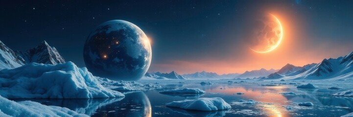 Wall Mural - Icy planet with glittering golden stars and a crescent moon shining in the dark atmosphere, planets, glow, radiance