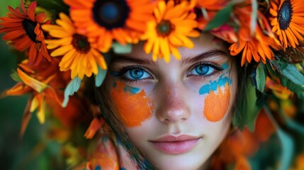 Young woman adorned with floral crown and face paint.