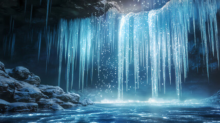 Poster - Frozen ice formations reflecting radiant blue and white light. generative ai. Radiant Falls. Illustration