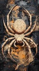 Wall Mural - Closeup macro shot of a hairy venomous spider lurking on a textured background of autumn leaves and bark  The spider s eight legs fangs and menacing eyes are clearly visible