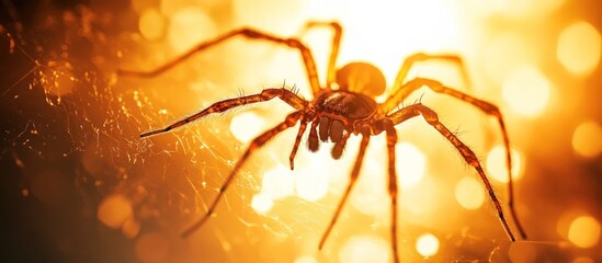 Wall Mural - Dramatic and Eerie Macro Close up Photography of a Hairy Spider Lurking in Warm Autumn Sunlight with a Glowing Amber Tone and Mysterious Shadows