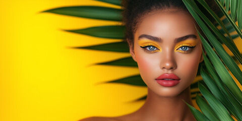 Wall Mural - Vibrant beauty portrait urban studio fashion photography tropical vibe close-up view emphasizing bold colors and expressions for seo impact