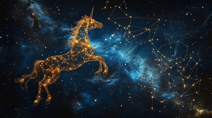 Wall Mural - a golden unicorn constellation gracefully leaps amidst a vibrant nebula, stars, and cosmic dust.