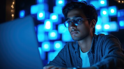 a young indian man working on a laptop in front of a blue cubes background, a tech worker with glass