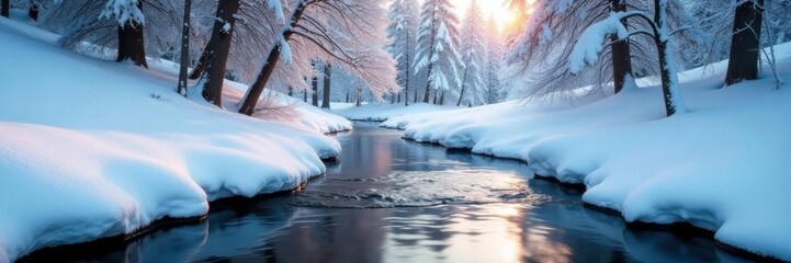 Icy stream babbles quietly through snow-covered trees, snow, quiet, ice