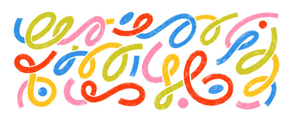 Colorful marker drawn thick squiggle lines and childish spirals. Creative naive curly brush strokes for collages and graphic design. Abstract vector crayon drawn doodles, bold calligraphy lines.