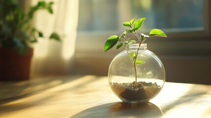 Wall Mural - small plant in glass terrarium sits on wooden table, bathed in warm sunlight, symbolizing growth and
