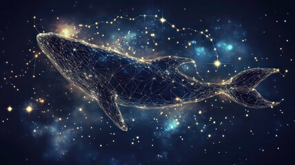 Wall Mural - this digital illustration depicts a whale constellation with a glowing wireframe design against a st