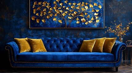 Sticker - Elegant blue sofa with golden tree art in stylish room