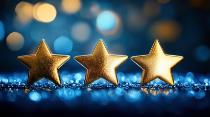 Canvas Print - three rows of shimmering gold stars, each row slightly offset on a deep blue bokeh