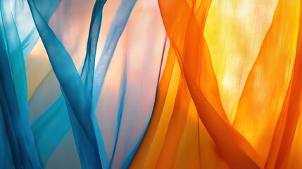Wall Mural - translucent fabric drapes in vibrant orange and blue hues, creating serene atmosphere
