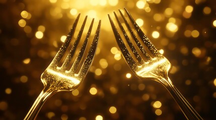 Canvas Print - two polished metal forks floating in golden, sparkling atmosphere, creating surreal and elegant scen