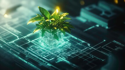 Wall Mural - vibrant green plant emerges from digital blueprint, symbolizing innovation and growth in technology.