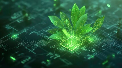 Wall Mural - vibrant green plant emerges from digital blueprint, symbolizing innovation and growth in technology.