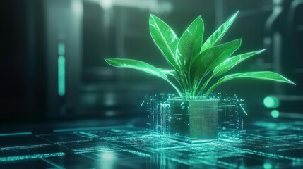 Wall Mural - vibrant green plant emerges from digital blueprint, symbolizing innovation and growth in technology.