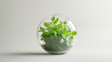 Wall Mural - green plant enclosed in a clear glass sphere on a white background.