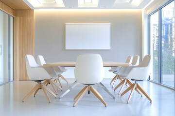 Wall Mural - Corporate Meeting Room in Modern Office Interior with Blurred Blue Background for Business Concepts