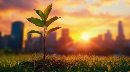 Wall Mural - young tree growing in grassy area with vibrant sunset and urban skyline in background, symbolizing h