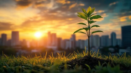 Wall Mural - young tree growing in grassy area with vibrant sunset and urban skyline in background, symbolizing h