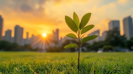 Wall Mural - young tree growing in grassy area with vibrant sunset and urban skyline in background, symbolizing h