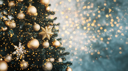 Sticker - A beautifully decorated Christmas tree with gold ornaments and a sparkling bokeh background, capturing the festive holiday spirit.