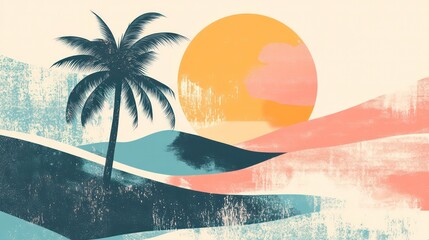 Wall Mural - 1980s retro style summer landscape with coconut tree and sun in abstract background, retro, 1980s, s