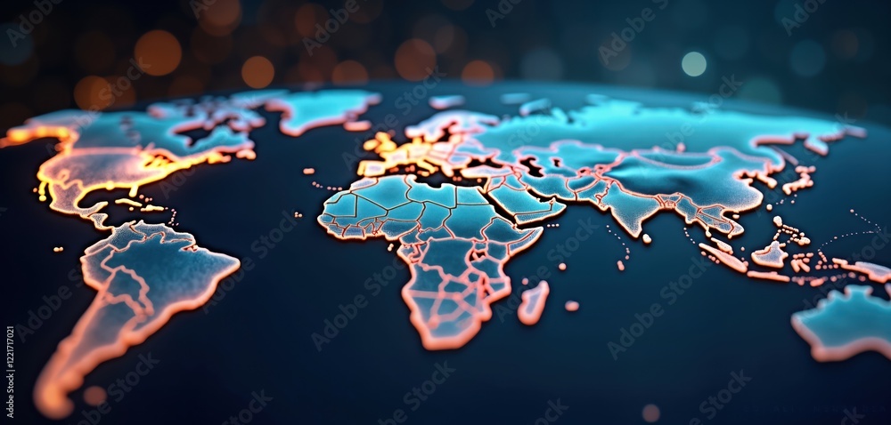 Global network map illustration. World map glows with bright orange ...