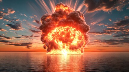 Wall Mural - a large explosion erupts above the water during sunset, illuminating the sky with bright colors and 
