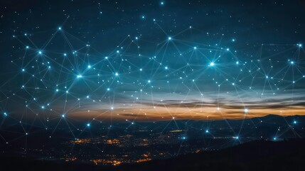 Wall Mural - a celestial network of interconnected points, illuminated against a backdrop of a starry night sky, 