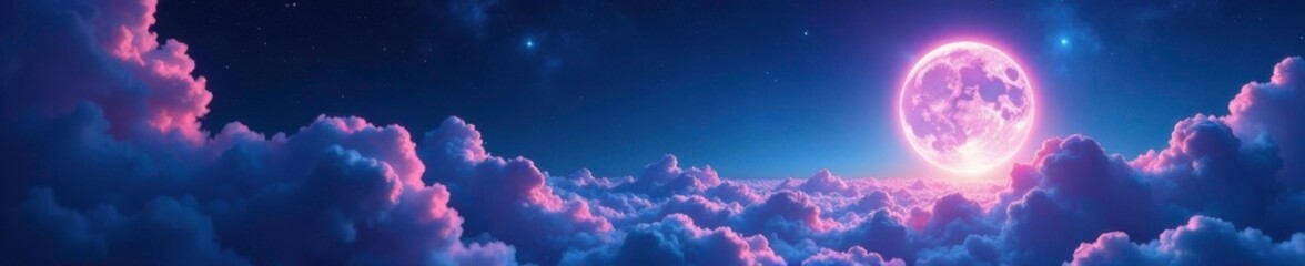 Wall Mural - Iridescent clouds of gas and dust against a deep indigo blue background with scattered stars and the glowing orb of the moon, moon, clouds