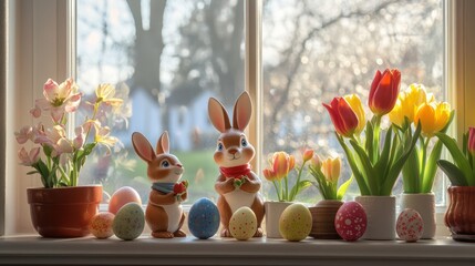 Wall Mural - Easter bunny figurines surrounded by colorful eggs decorating a windowsill, springtime atmosphere with tulips