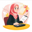 © olivialin - An illustrated flat design woman sitting at a desk wearing a stylish kerudung headscarf focused on her work She is calculating numbers with a calculator in one hand