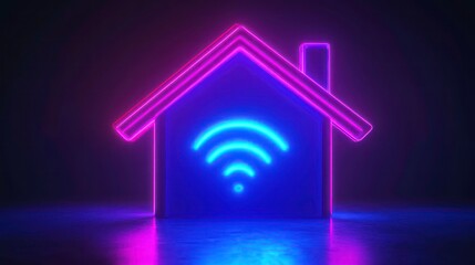 Poster - a contemporary house icon featuring a glowing wi-fi symbol, set against a futuristic neon-themed bac
