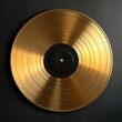 © Maryna - Shiny gold vinyl record on black background. Classic music item. Perfect for vintage decor music themes. High quality design. Ideal for music lovers collectors. Vintage aesthetic. Studio quality