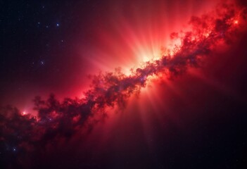 Red galaxy night sky background with bright stars. Cosmic space scene with reddish nebulae, light rays. Digital artwork illustration. Fantasy abstract design for science fiction astronomy themes.