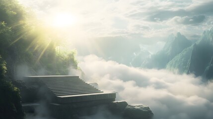 Wall Mural - a podium at the edge of a ravine, with fog rising from below and the sun breaking through the clouds