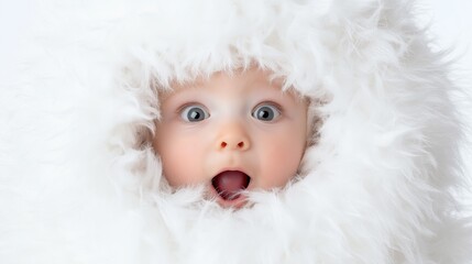 Adorable baby wrapped in fluffy white fur with wide-eyed expression