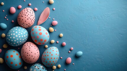 Wall Mural - Easter eggs and bunny ears on a blue background, perfect for a greeting card with copy space