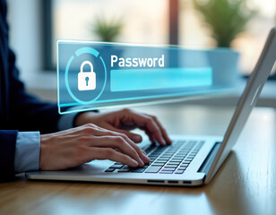 Wall Mural - business person types password on laptop in office. security code appears on screen. tech person usi