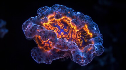 Wall Mural - abstract glowing orange and blue organic form resembling a brain, intricate texture and detail.
