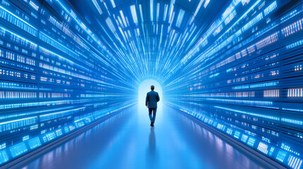 Wall Mural - man walking through digital tunnel of bright blue light