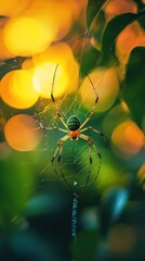 Wall Mural - Close up shot of a vibrant green spider spinning an intricate delicate web amidst the lush blurred foliage and natural bokeh background