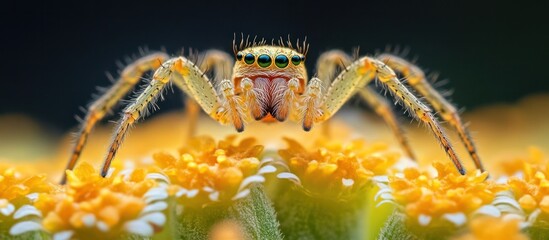 Wall Mural - Captivating close up shot of a vibrant spider with intricate details exploring its colorful and natural environment  The arachnid s sharp focus and intense expression captivate the viewer
