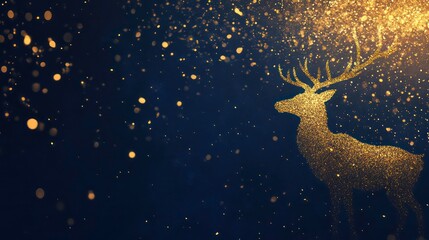 Wall Mural - a gold deer silhouette on the right side of the picture, with golden glitter and particles in blue b