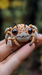Wall Mural - Closeup macro photography shot of a small furry jumping spider crawling on a hand in a lush green jungle or forest environment  The spider has a brown and yellow patterned exoskeleton and large