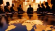 © Topuria Design - Secret world government leaders gather around a table, strategizing on global governance. Meeting of influential leaders discussing new world order agenda in a modern office with the world map.