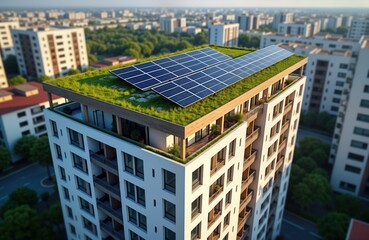 Modern eco friendly apartment building in city. Rooftop solar panels, green roof. Sustainable building design. Eco friendly tech installation. Residential building with sustainable tech. Modern