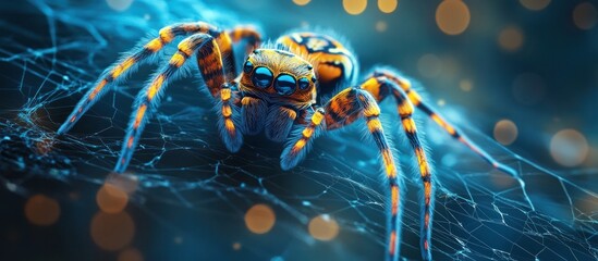 Wall Mural - Captivating close up shot of a colorful and glowing spider crawling on a delicate web with a dreamlike bokeh filled background that adds an ethereal otherworldly atmosphere to the image