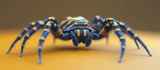 Wall Mural - Captivating close up photograph showcasing the extraordinary features and intricate patterns of a vibrant blue and yellow venomous spider  The image highlights the spider s striking compound eyes