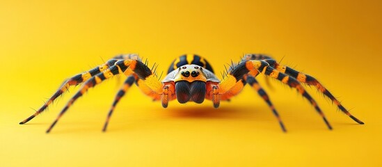 Wall Mural - Extreme close up shot of a large vibrant spider with hairy legs and menacing fangs against an abstract yellow background  This intense macroscopic image captures the arachnid s creepy